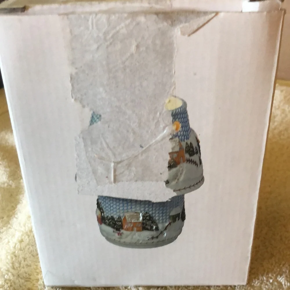 Winter Village Scene votive candle holder with shade Russ Berrie